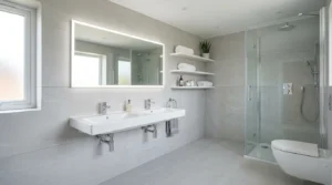 Modernes Doppelwaschbecken installiert in einem hellen Badezimmer mit bodengleicher Dusche und Doppelwaschbecken Badezimmer