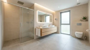 Moderne Feinsteinzeug-Fliesen verlegt in einem großzügigen Badezimmer mit bodengleicher Dusche zum Vergleich Feinsteinzeug oder Steinzeug