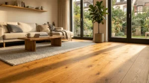 Wohnzimmerboden zeigt warmes Holzdesign im Vergleich Holzoptik Fliesen vs Parkett