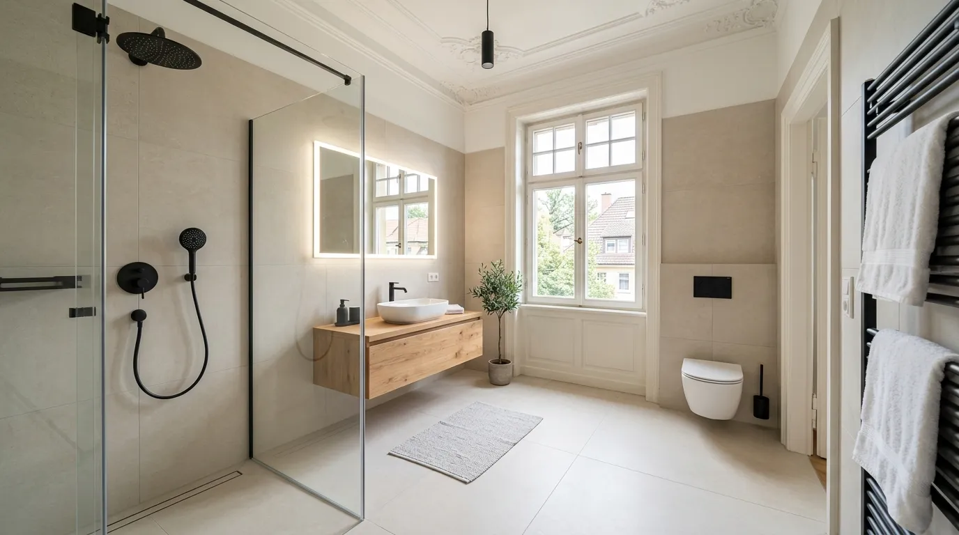 Modernes Altbau-Bad saniert mit bodengleicher Walk-in-Dusche und hellen Großformatfliesen in Stuttgart