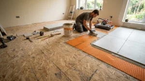 Entkopplungsmatte unter Fliesen wird im Wohnraum fachgerecht für die Fliesenverlegung vorbereitet