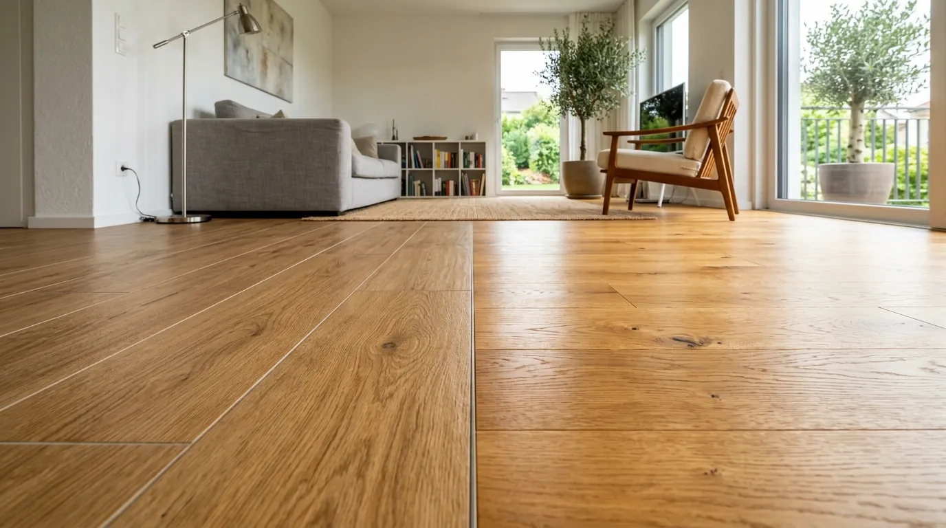 Wohnzimmerboden zeigt den direkten Vergleich von Holzoptik Fliesen vs Parkett