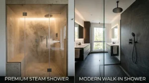Dampfdusche und normale Dusche werden im modernen Badezimmer direkt verglichen – Dampfdusche oder normale Dusche