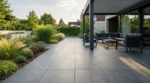 Großformatige Feinsteinzeug-Fliesen verlegt auf einer modernen Terrasse mit Loungebereich zum Vergleich Feinsteinzeug oder Steinzeug