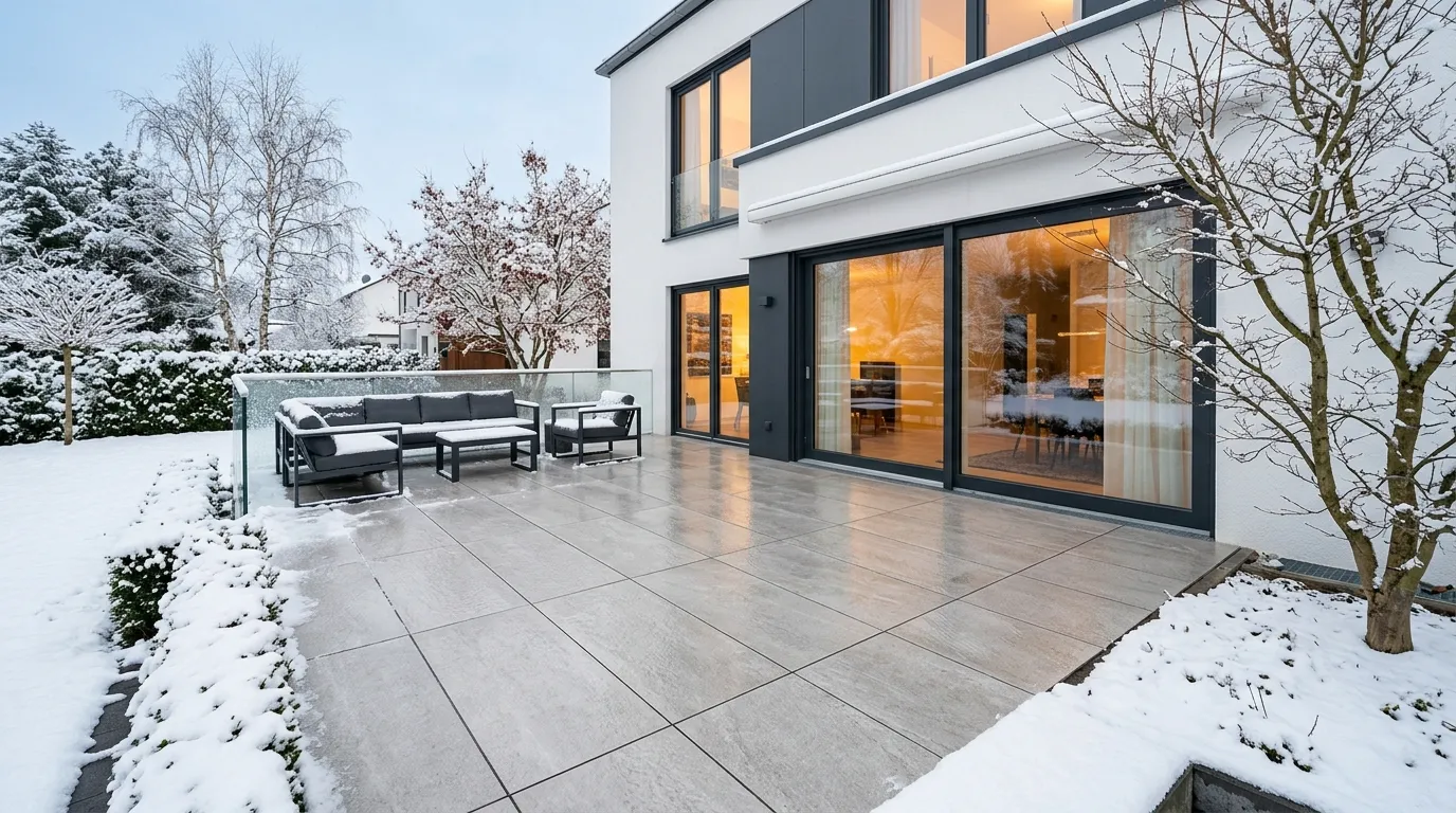 Hyper-realistic exterior architectural photography of a stunning luxury outdoor terrace of a modern German villa photographed on a warm bright summer afternoon, showcasing large-format frost-proof wood-look Feinsteinzeug outdoor tiles (30x120 cm) in a rich warm honey-oak tone laid in a straight parallel direction, creating a seamless warm and natural outdoor living surface. The structured matte surface of the wood-look tiles has a realistic grain texture and subtle colour variation that mimics natural hardwood beautifully while offering superior frost and weather resistance. The expansive terrace features a sleek outdoor dining area with a long teak dining table and modern weather-resistant chairs, a comfortable lounge zone with deep-seated outdoor sofas in off-white weatherproof fabric, and a rectangular outdoor fire pit table as a centerpiece. The terrace seamlessly connects to a rectangular swimming pool with pale limestone coping at the far end, its turquoise water shimmering in the afternoon sun. The surrounding garden has lush green lawn, tall ornamental grasses, and mature Mediterranean olive trees in large concrete pots. The warm afternoon sunlight casts soft long shadows from the pergola overhead across the wood-look tiled surface, beautifully highlighting the realistic wood grain texture. Shot with a 24mm wide-angle lens from a low three-quarter angle, warm golden afternoon light, ultra-sharp 8K resolution, photorealistic luxury exterior photography, no people, no text, no watermarks.