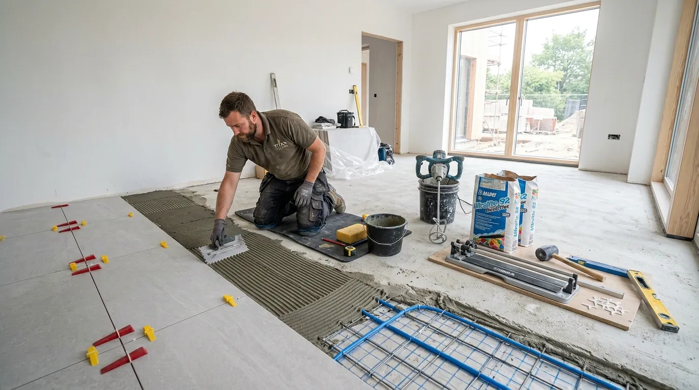 Fliesen auf Fußbodenheizung werden im modernen Wohnraum fachgerecht verlegt und ausgerichtet