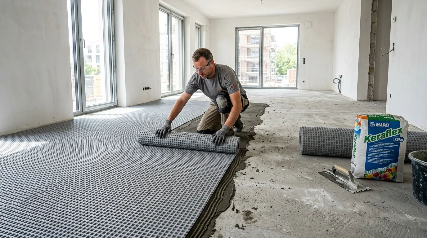 Entkopplungsmatte unter Fliesen wird im modernen Wohnraum fachgerecht vor der Verlegung vorbereitet