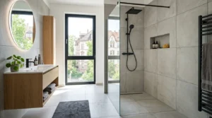 Moderne bodengleiche Dusche integriert in stilvolles Badezimmerdesign als Beispiel für Dampfdusche oder normale Dusche