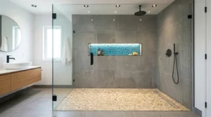 Blaue Mosaikfliesen verlegt als dekorative Nischenrückwand in einer modernen Walk-in-Dusche mit Natursteinboden