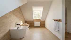 Badewanne nutzt niedrige Dachschräge mit hellen Fliesen beim Bad mit Dachschräge fliesen