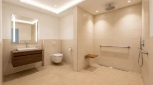 Barrierefreie Dusche zeigt Sitzbank und Haltegriffe im Bad für Dusche nachträglich einbauen Kosten