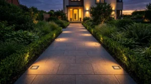 Beleuchteter Plattenweg führt zum Hauseingang beim modernen Gartenweg pflastern