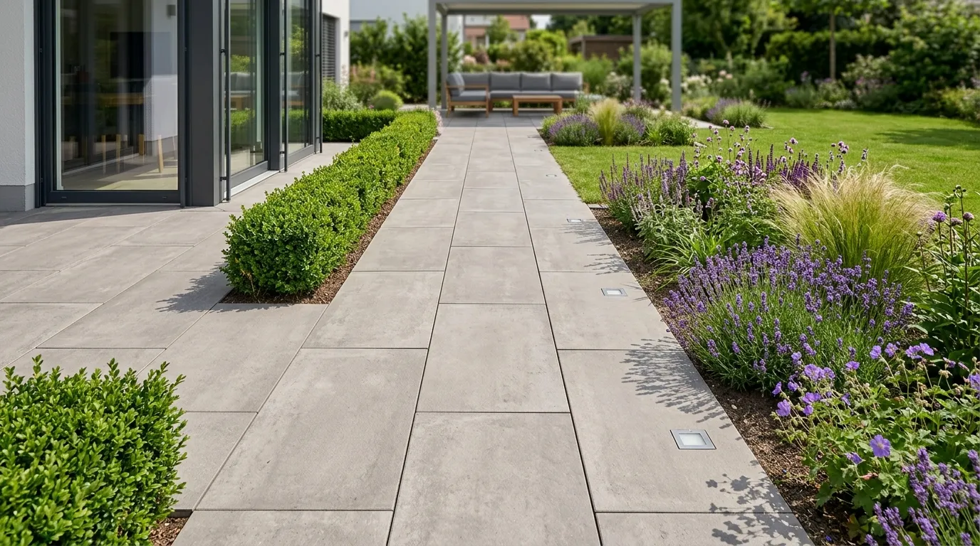 Moderner Plattenweg verläuft entlang Terrasse und Gartenbeet beim Gartenweg pflastern