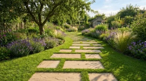 Natursteinplatten führen durch blühenden Garten als Inspiration zum Gartenweg pflastern