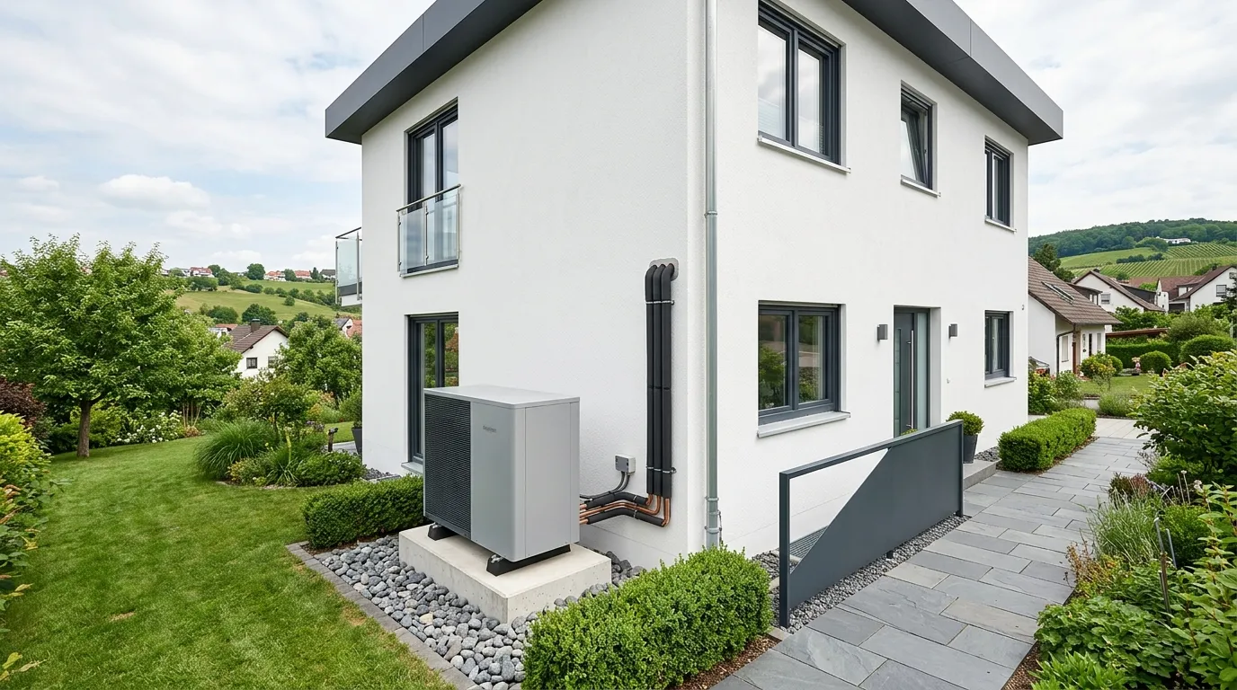 Außeneinheit der Luftwärmepumpe steht neben modernem Haus zur Planung von Luftwärmepumpe Kosten Stuttgart