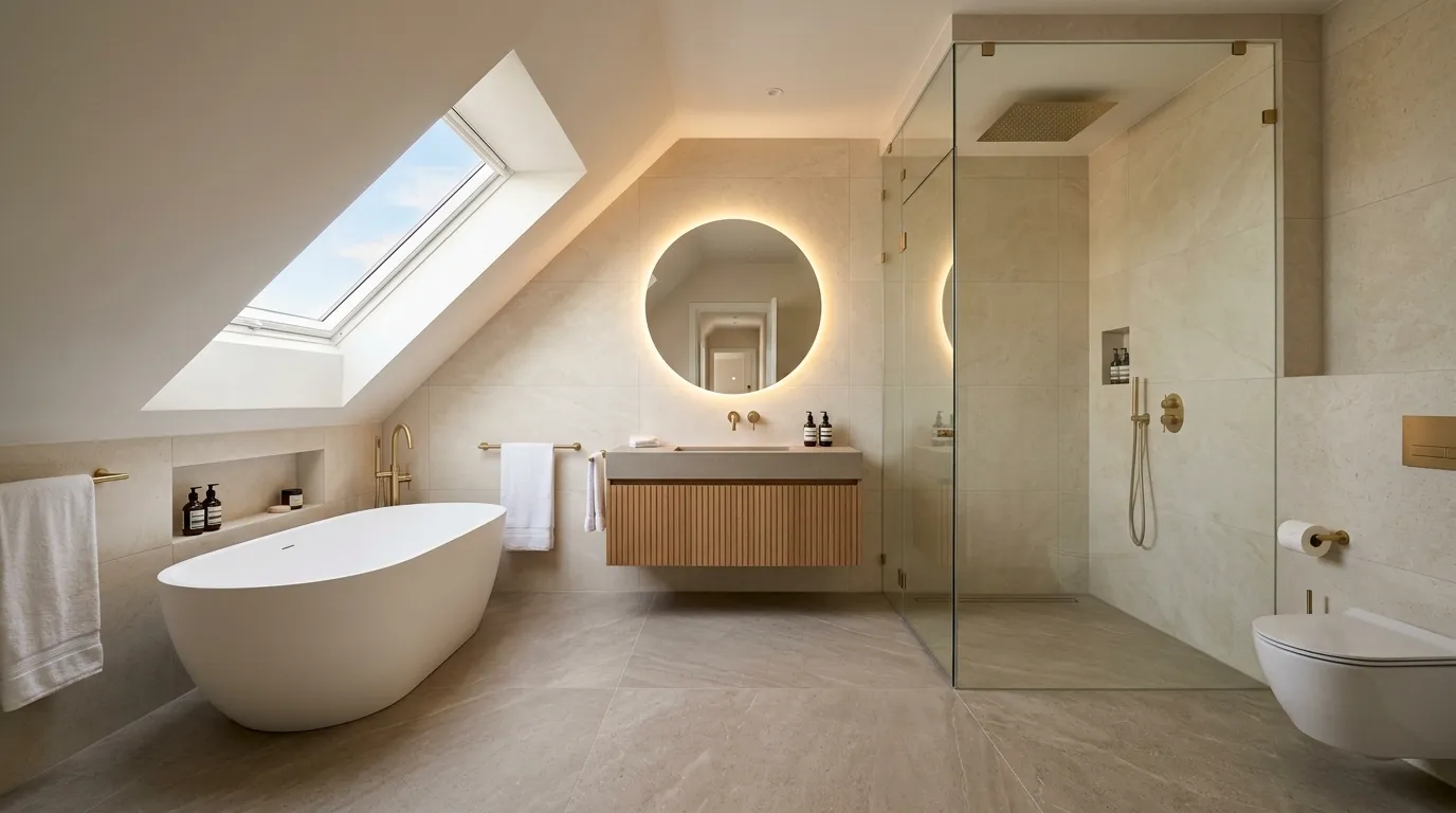 Luxuriöses Dachbad kombiniert Badewanne und Glasdusche beim Bad mit Dachschräge fliesen