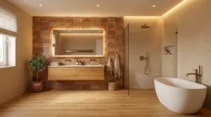 Terrakotta-Fliesen gestalten warmes Badezimmer mit Holzbadmöbeln für Badezimmer Farbkonzepte