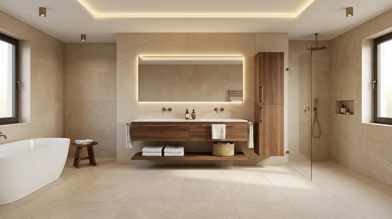 Beige Natursteinfliesen schaffen ruhiges Badezimmer mit Holzbadmöbeln für Badezimmer Farbkonzepte