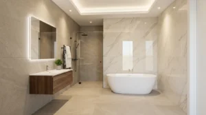 Großformatige Wandfliesen gestalten modernes Bad mit Badewanne und Dusche für Wandfliesen Badezimmer