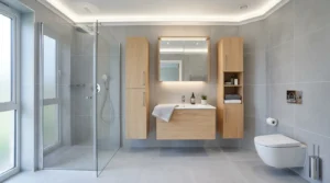 Helle Holz-Badmöbel gestalten modernes Badezimmer mit grauen Fliesen für modern Badmöbel