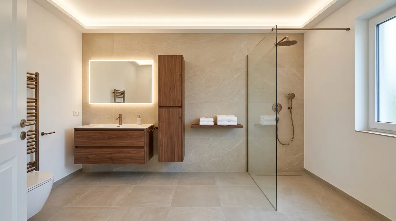 Großformatige Fliesen gestalten luxuriöses Badezimmer mit Holzbadmöbeln zum Badezimmer neu gestalten