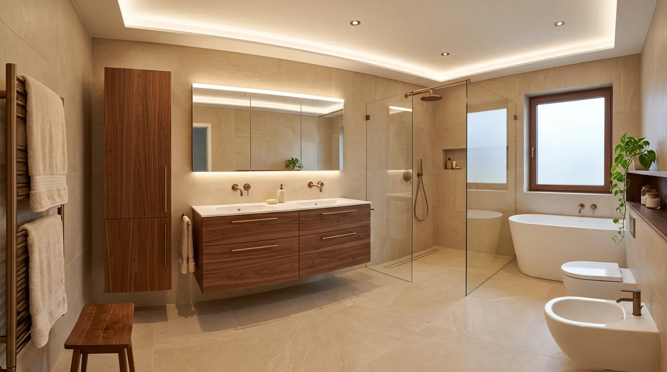 Warme Holz-Badmöbel harmonieren mit beigen Fliesen im luxuriösen Bad für modern Badmöbel