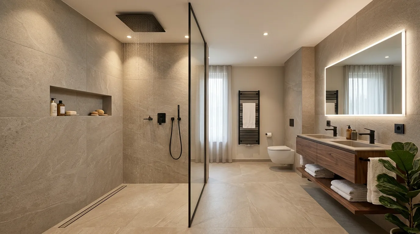 Luxuriöse Regendusche eingebaut in ein Marmorbad mit goldenen Armaturen für Einbau Regendusche