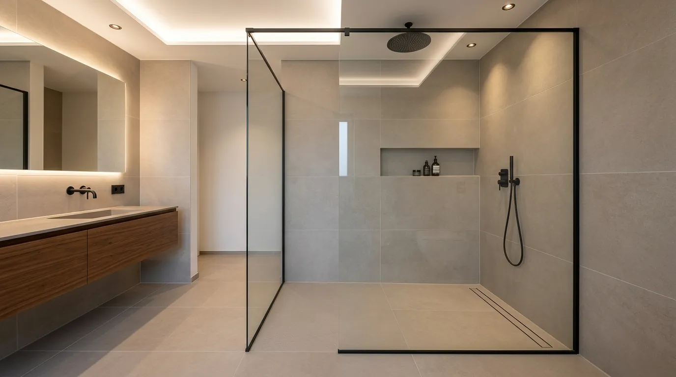Begehbare Dusche zeigt moderne Glasabtrennung und graue Fliesen für Dusche nachträglich einbauen Kosten