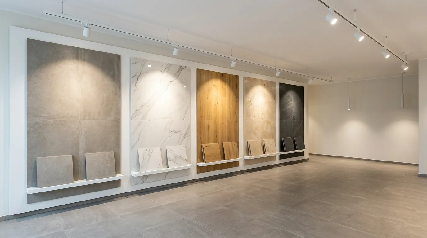 Moderne Fliesenausstellung zeigt verschiedene Wand- und Bodenfliesen zum Fliesen online kaufen