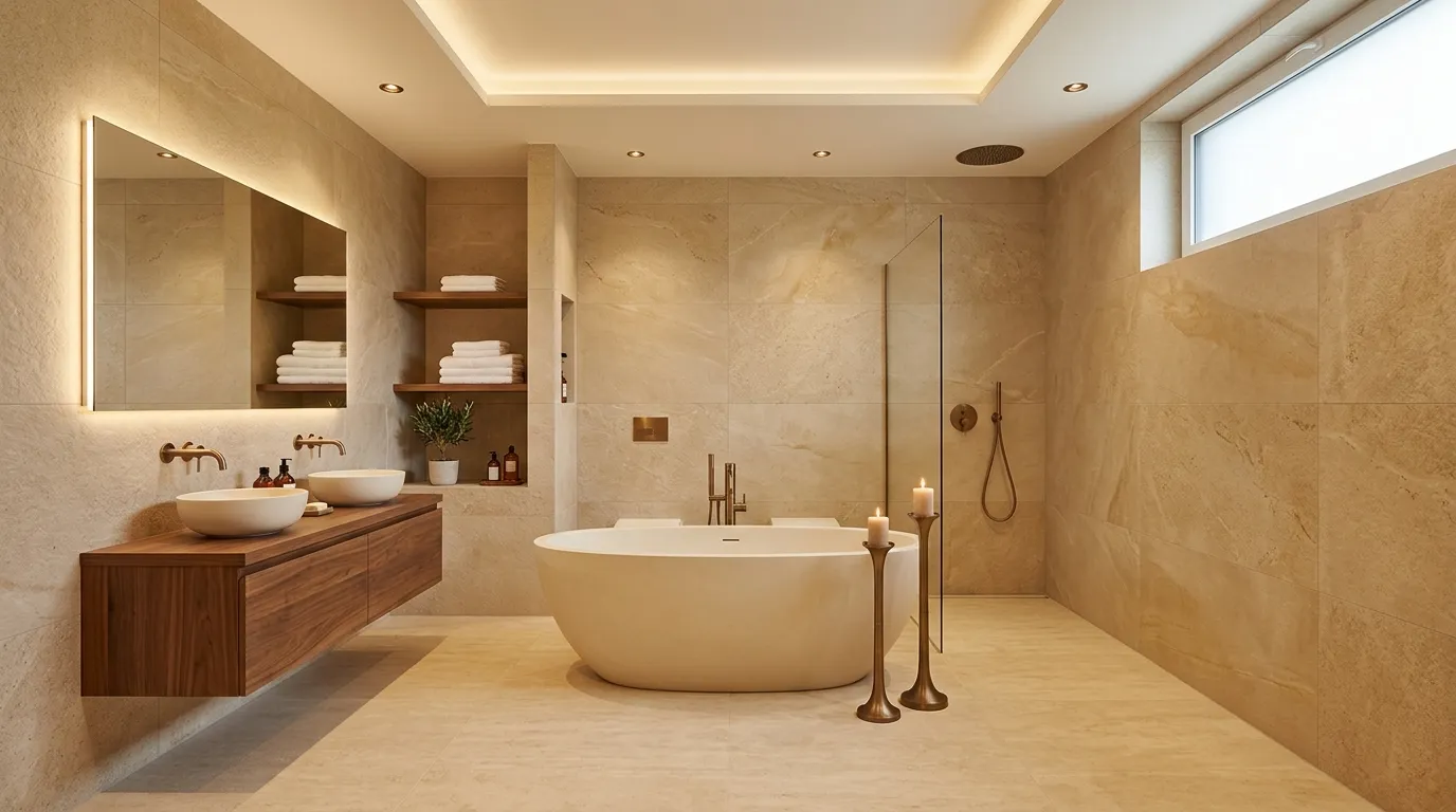 Matte Naturstein-Wandfliesen schaffen warme Wellness-Atmosphäre im Bad für Wandfliesen Badezimmer