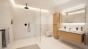 Ebenerdige Dusche gestaltet helles Badezimmer mit Holzbadmöbeln für Dusche nachträglich einbauen Kosten