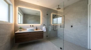 Modernes Badezimmer zeigt graue Wand- und Bodenfliesen für Fliesenleger Ludwigsburg Preise