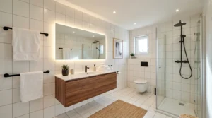 Modernes Badezimmer zeigt neue Badmöbel und helle Fliesen zum Badezimmer neu gestalten