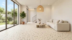 Terrazzo-Bodenfliesen gestalten hellen Wohnbereich mit Gartenblick für Bodenfliesen Wohnzimmer