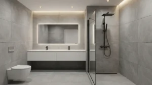 Moderne Regendusche installiert in einem grauen Badezimmer mit Großformatfliesen für Einbau Regendusche