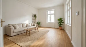 Renovierter Wohnraum zeigt Holzoptikboden und warme Raumgestaltung mit wärmepumpe fußbodenheizung