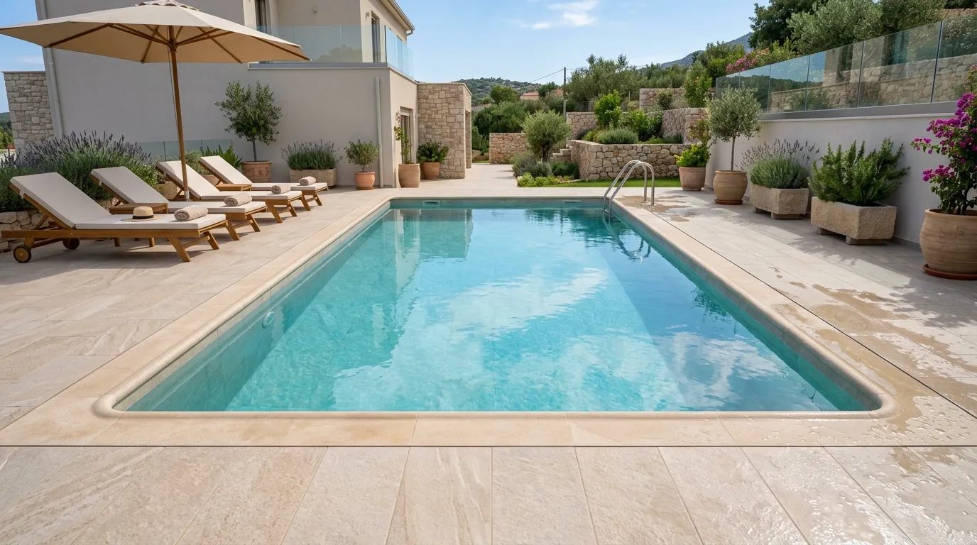 Helle Feinsteinzeugfliesen umrahmen modernen Swimmingpool mit Terrasse für Pool Fliesen
