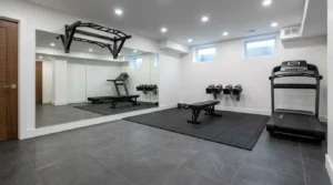 Moderner Fitnessraum im Keller mit robusten Bodenfliesen für eine praktische Gestaltung beim Keller renovieren mit Fliesen