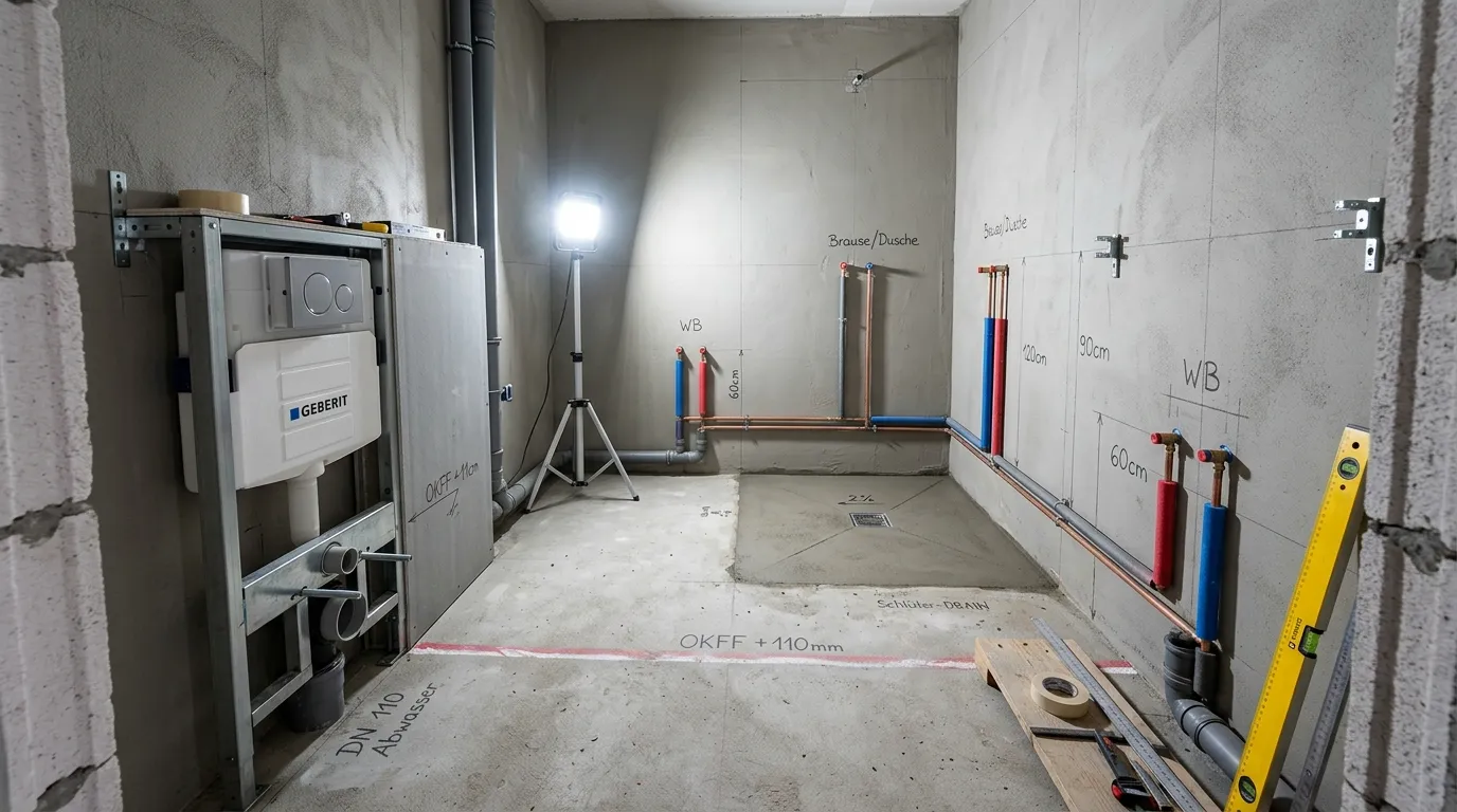 Sanitärleitungen und Vorwandelemente bereiten ein neues Badezimmer für die Sanitärinstallation Badneubau vor