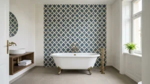 Gemusterte Wandfliesen gestalten eine freistehende Badewanne in einem eleganten Badezimmer mit Zementfliesen im Trend