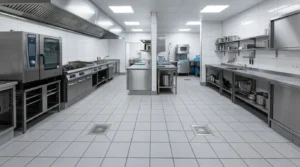 Rutschhemmende Bodenfliesen sichern eine professionelle Großküche mit Fliesen für Gastronomie