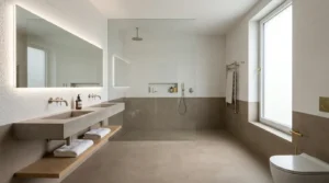 Minimalistisches Badezimmer mit glatten Wand- und Bodenflächen für eine moderne Alternative Mikrozement oder Fliesen im Bad