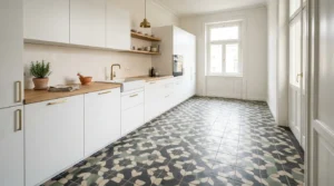 Gemusterte Bodenfliesen prägen eine helle moderne Küche mit Zementfliesen im Trend