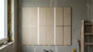 Beige Musterfliesen vergleichen weiße, greige und anthrazitfarbene Fugen bei der Fliesenbemusterung im Bad
