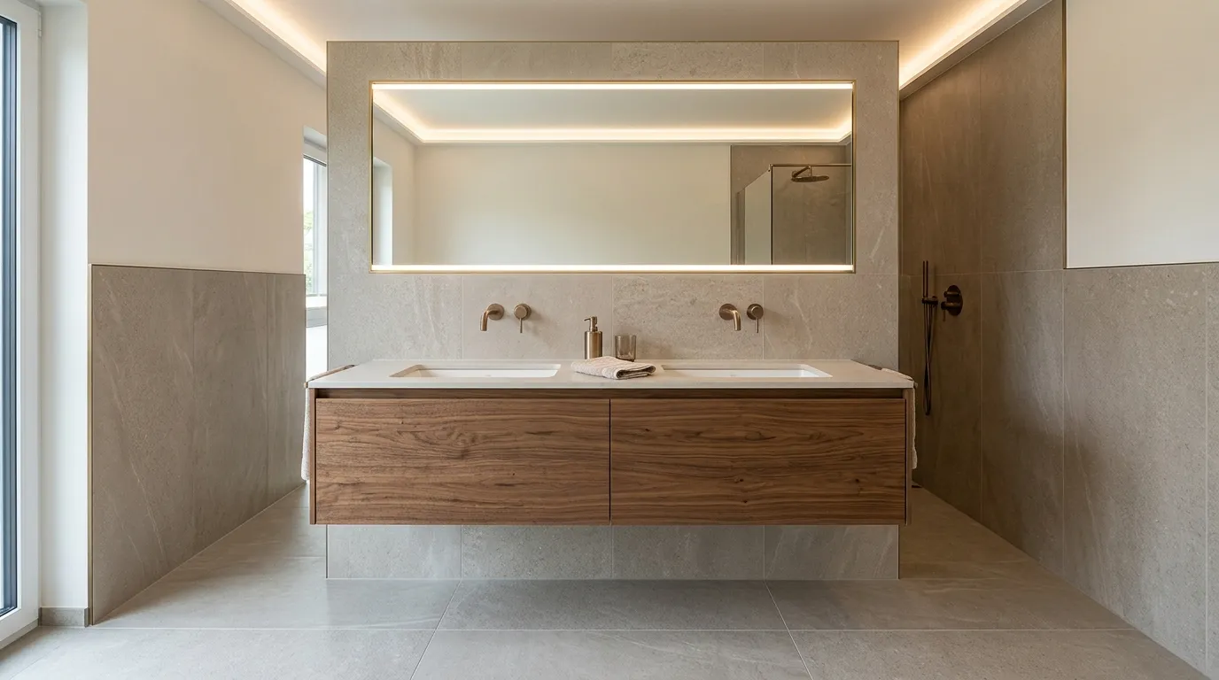 Moderner Doppelwaschtisch mit großformatigem Fliesenspiegel in einem luxuriösen Badezimmer als Fliesenspiegel im Bad