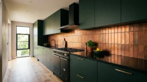 Kupferfarbene Wandfliesen verkleiden eine moderne Küche mit Fliesen mit Metalloptik
