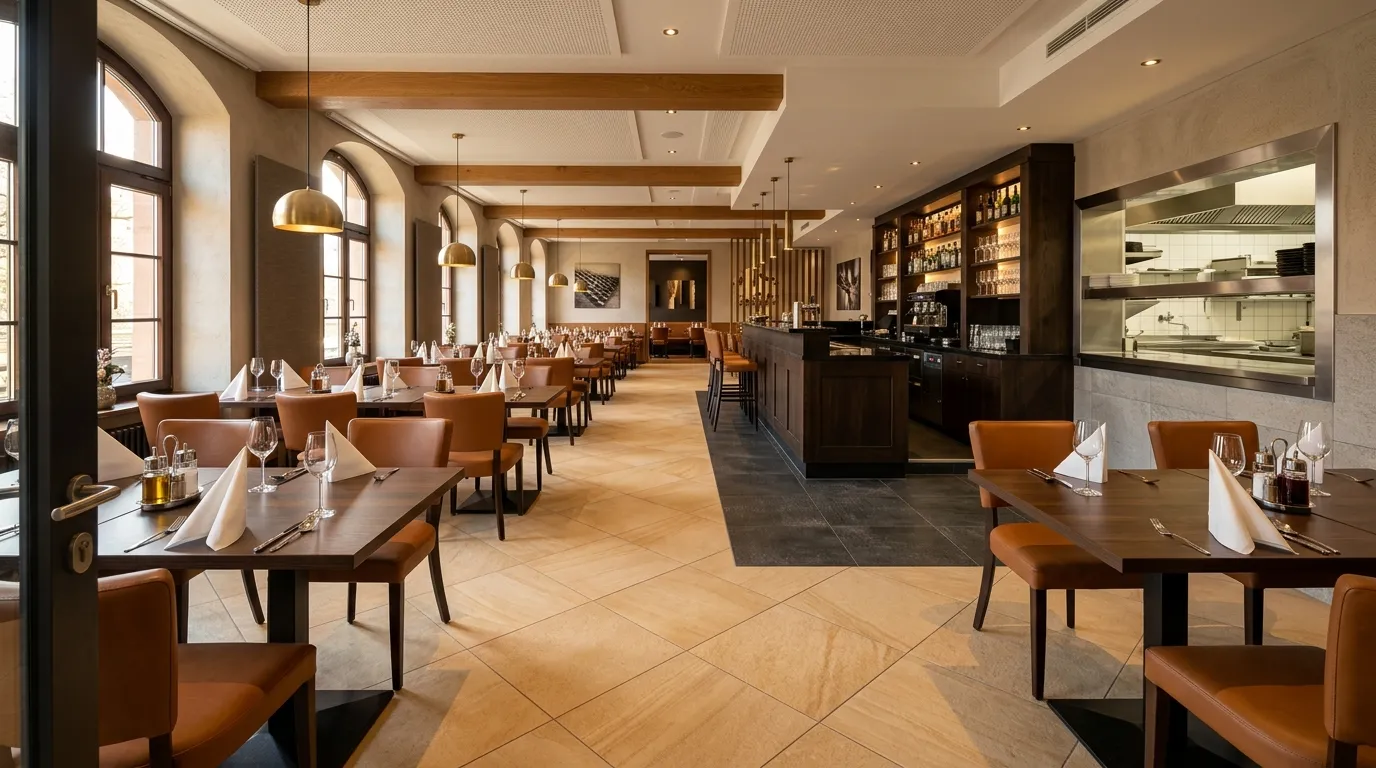Elegante Bodenfliesen gestalten einen stark frequentierten Restaurantbereich mit Fliesen für Gastronomie