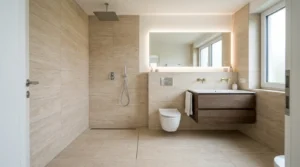 Beige Wand- und Bodenfliesen vollenden ein modernes Badezimmer nach der Sanitärinstallation Badneubau