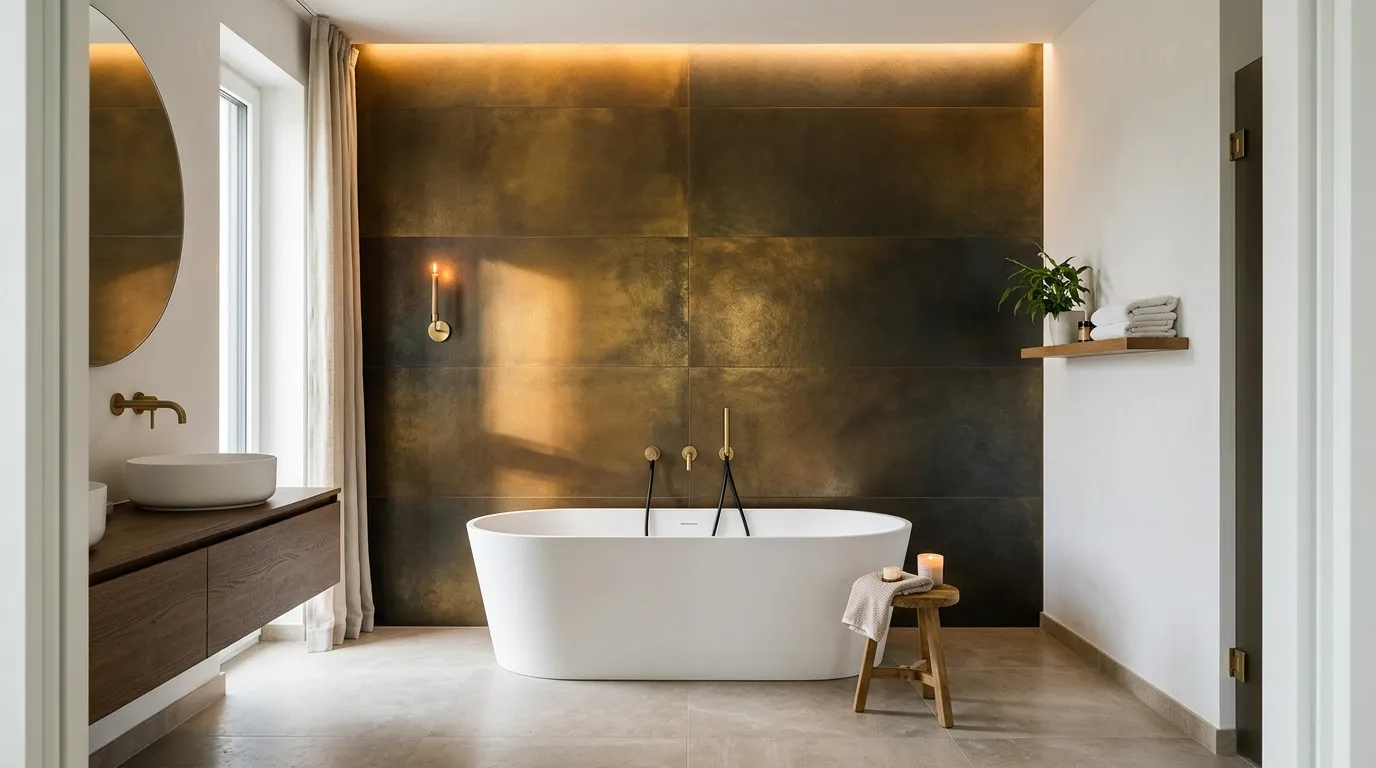 Großformatige Wandfliesen betonen eine freistehende Badewanne in einem eleganten Bad mit Fliesen mit Metallic-Optik
