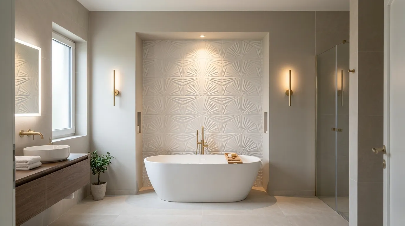 Reliefierte Wandfliesen betonen eine freistehende Badewanne in einem eleganten Badezimmer mit Fliesen mit Struktur